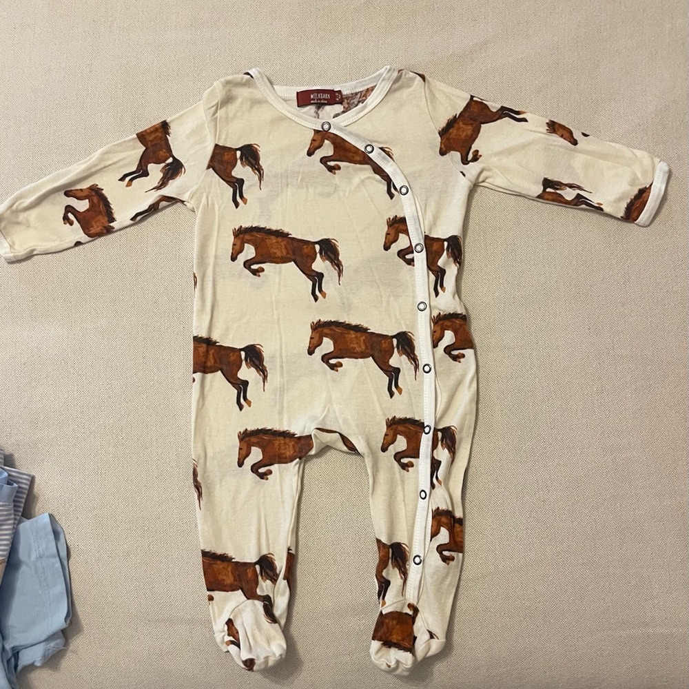 Milkbarn Cream and Brown Horse Print Baby Outfit